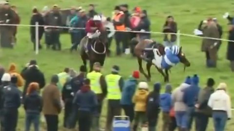 Watch ‘incredible recovery’ as jockey Mikey Sweeney almost falls off and still wins