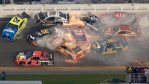 Daytona 500: Crash damages 18 cars as Denny Hamlin wins Nascar showpiece