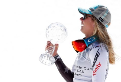 Mikaela Shiffrin: American wins World Cup overall, slalom, giant slalom and super-G in same season