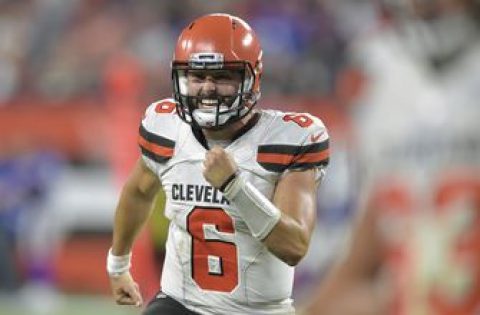 Huddle up! Browns QB Mayfield takes turn as Brewers 1B coach