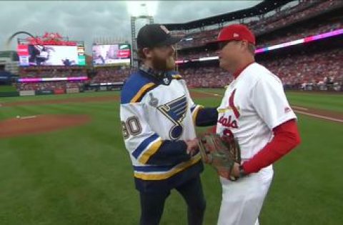 Ryan O’Reilly throws out the ceremonial first pitch at Busch Stadium