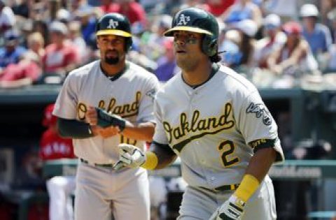 Davis homers for 1st time in month, A’s beat Rangers 9-8