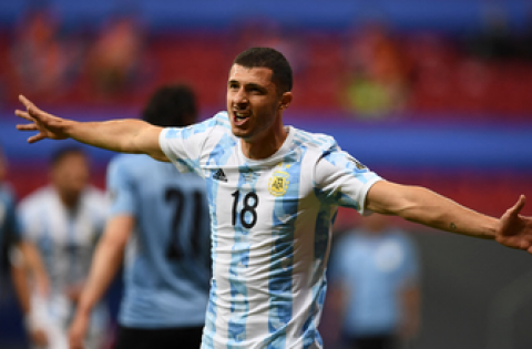 Guido Rodriguez scores on a header to put Argentina ahead of Uruguay, 1-0