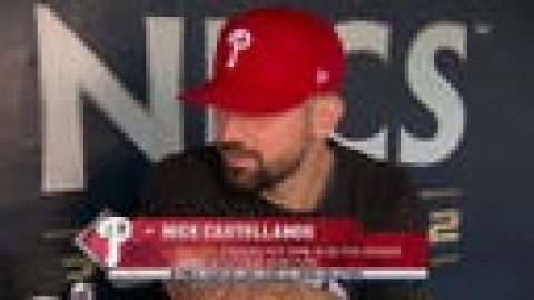 Phillies’ Nick Castellanos speaks with Ken Rosenthal before Game 4 of the NLCS