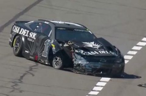 Ross Chastain slams the wall in Cup Series practice at Fontana