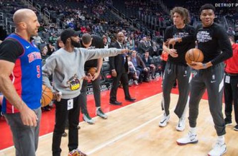 Cesaro confronts Giannis Antetokounmpo and Robin Lopez during Detroit Pistons’ WWE Night