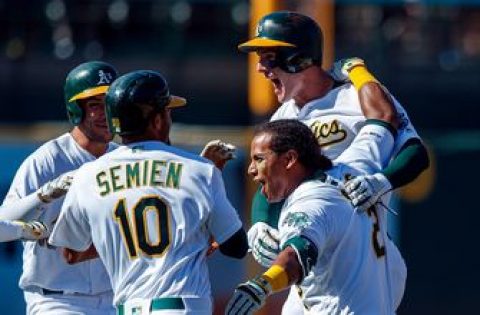 Athletics walk off against the Rangers after trailing late