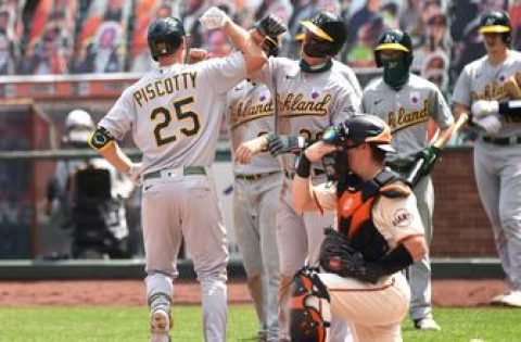 Athletics cap sweep of Giants with 15-run outburst