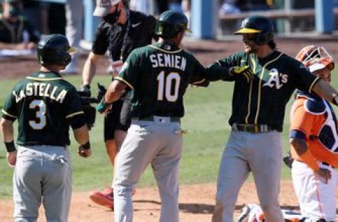 Watch Athletics full infield become first in MLB playoff history to all homer in a single game