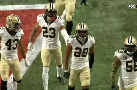 Saints’ Paulson Adebo makes a spectacular one-handed interception against the Falcons