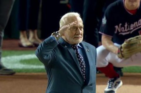 Watch Buzz Aldrin throw out the first pitch at Game 3 of the World Series