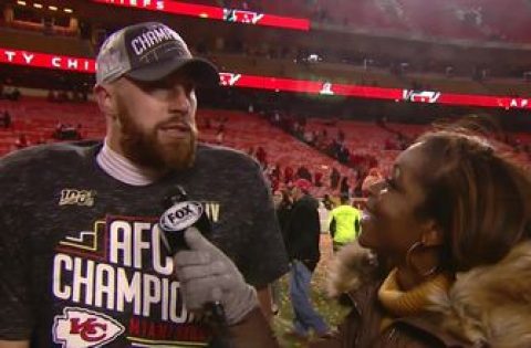Travis Kelce joins FOX’s Kristina Pink following the Chiefs punching their ticket to the Super Bowl