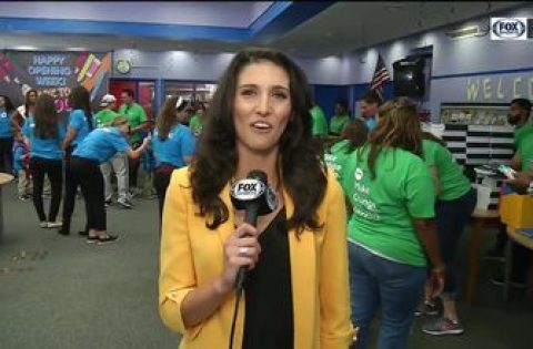 Kelly Saco joins Marlins and Lenora B. Smith Elementary to distribute school supplies