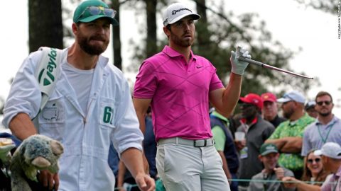 Matthew Wolff snaps club in frustration after just four holes of opening round at the Masters