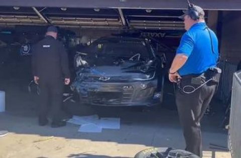 NASCAR inspects Ross Chastain’s crashed car after the Cup Series practice in Fontana