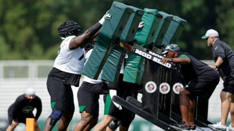 ‘Absolutely grinding’: Jets big man Mekhi Becton delivers early statement in camp