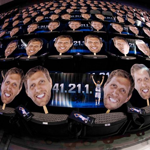 The Mavs handed out head shots at American Airlines Center for Nowitzki’s final home game.