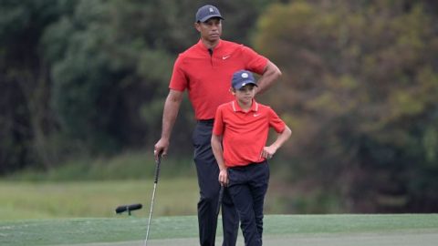 From club twirls to fist pumps to allergies, even Tiger Woods can’t believe the similarities between him and his son, Charlie
