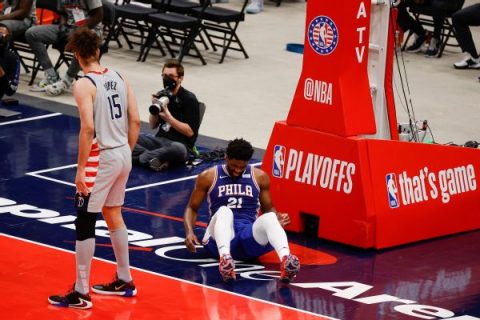 Embiid ruled out with knee soreness after hard fall
