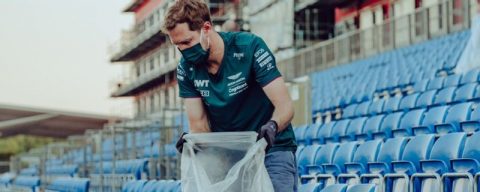 Vettel is pushing for sustainability in Formula One, one piece of trash at a time