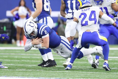 Wentz injures right ankle in Colts’ loss to Rams