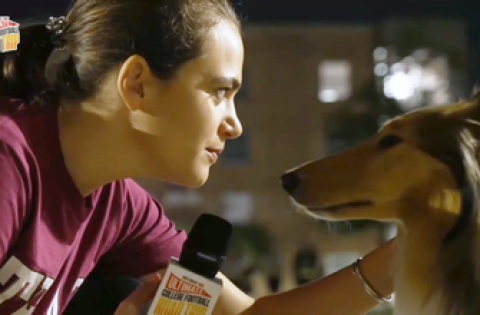Charlotte Wilder visits with Reveille at Texas A&M: Ultimate College Football Road Trip