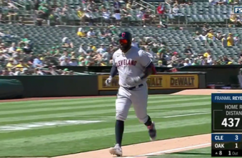 Franmil Reyes hits a mammoth home run to center field, extending Indians’ lead to 3-1