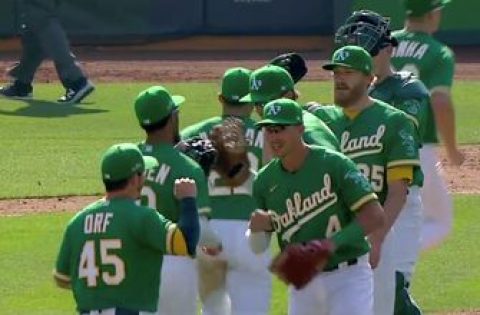 Watch Athletics avoid disaster, pitch out of bases-loaded jam in 9th to win Game 2