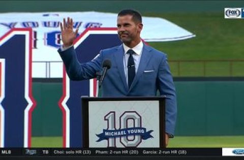 Michael Young takes the Podium | Michael Young Jersey Retirement Ceremony
