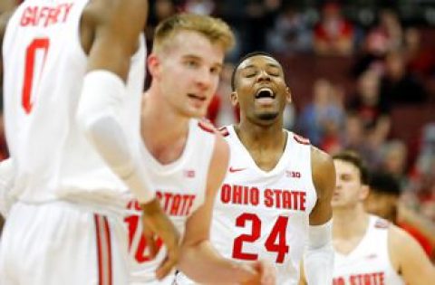 Justin Ahrens  hits a buzzer beater to end a strong first half for the Buckeyes