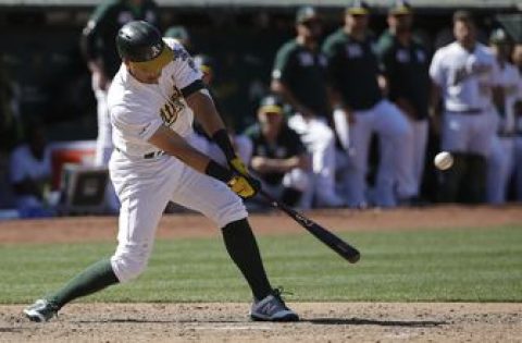 Pinder’s two-out single in 9th lifts A’s past Rangers 6-5