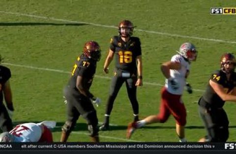 Trenton Bourguet finds Andre Johnson for an 11-yard touchdown, Arizona State trails Washington State, 34-21